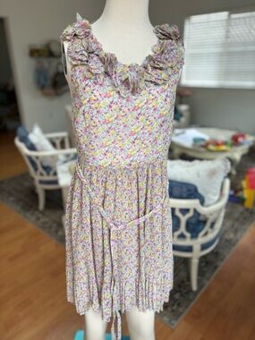 Darling Floral Ruffle Neck Dress in Pink, Yellow, Green, Blue